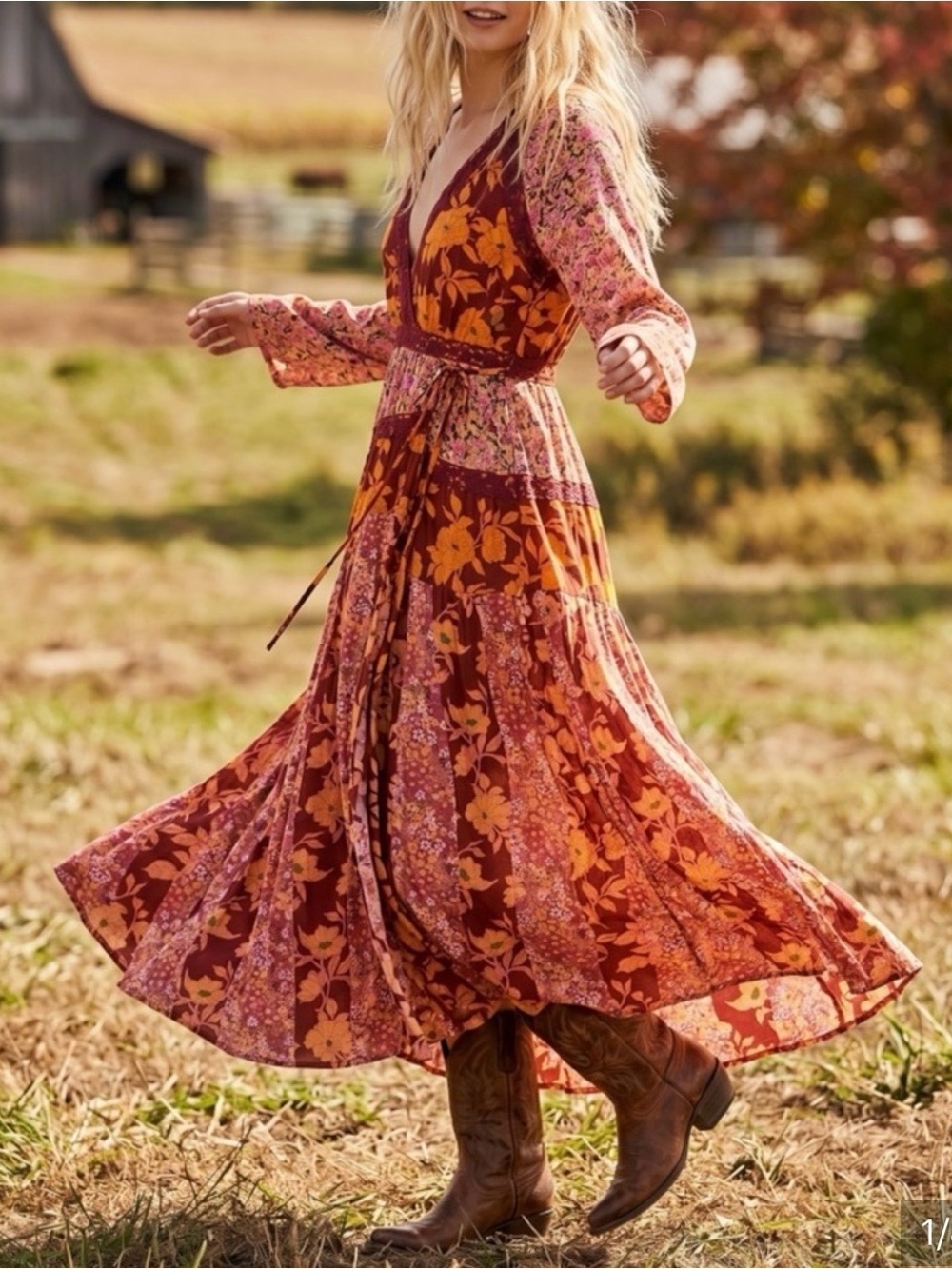 Free People Tilda Wrap Maxi Dress Boho Floral Patchwork Lace Long Sleeve Size S